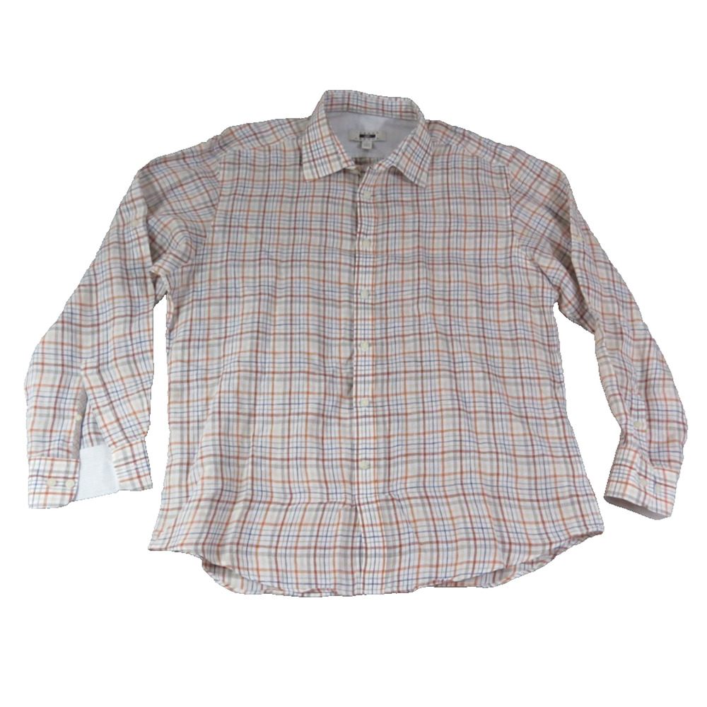 Joseph Abboud Shirt Mens XL Linen Plaid Orange Blue Button Up Casual Summer